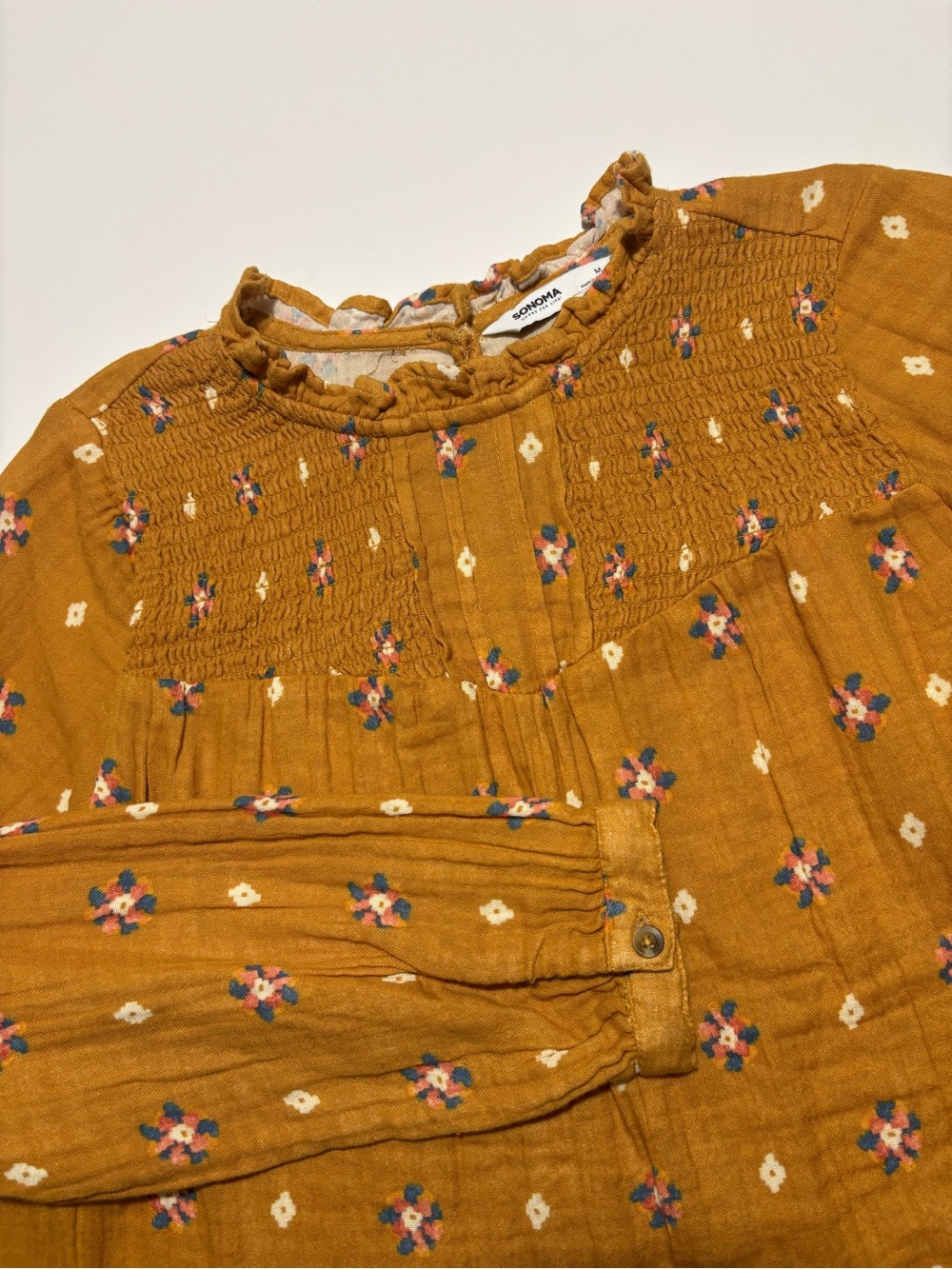 Sonoma Mustard Yellow Floral Cottage Core Cotton Blouse